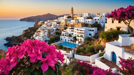 Obraz premium Idyllic island village scene with white buildings and pink bougainvillea