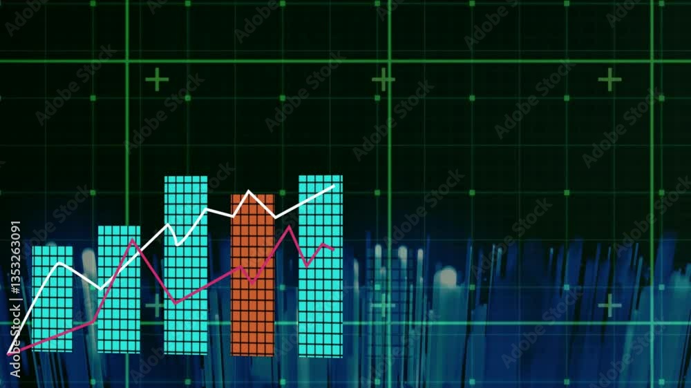 Poster displaying financial data trends, bar and line graphs with animation on digital grid