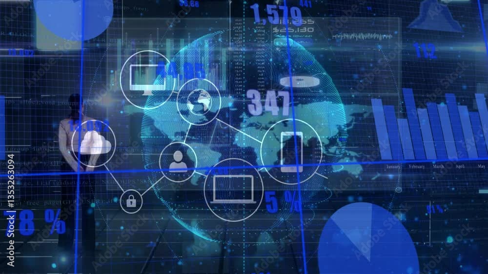 Poster digital network and data analytics animation over global map and charts