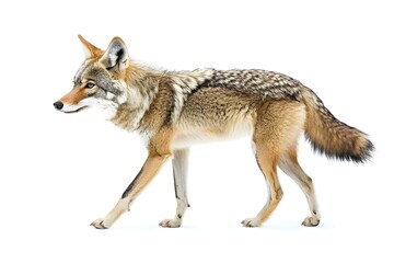 Fototapeta premium A lone coyote Canis latrans isolated on white background walking and hunting