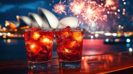 Celebratory Drinks with Fireworks over Iconic Landmark Silhouette at Night