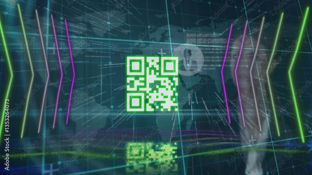 Poster green qr code and digital data processing animation over futuristic grid background