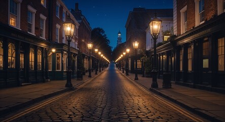 Fototapeta premium Moonlit Victorian street with gas lamps and cobblestone pavement