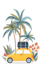 Summer vacation illustration featuring a packed yellow car in a tropical setting with palm trees