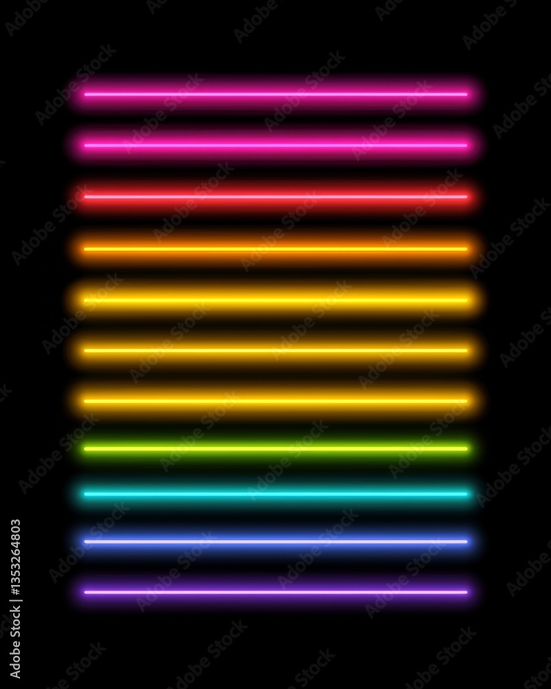 Poster brightly colored horizontal neon lines create an eye catching visual array against a stark black bac