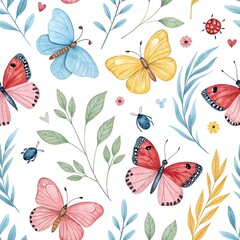 Obraz premium Watercolor colorful butterflies, butterfly, bugs seamless pattern on white background. blue, yellow, pink and red butterfly spring illustration. 