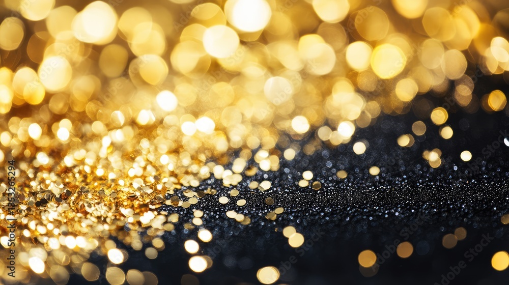 Poster glimmering golden and black bokeh background with sparkling lights creating a festive atmosphere for