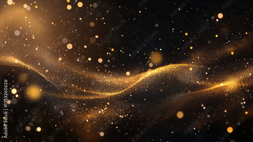 Poster abstract golden wave with shimmering particles flowing against a dark background, creating a magical