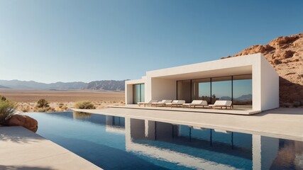Fototapeta premium Desert Oasis: A Modern Villa with an Infinity Pool Reflecting the Arid Landscape