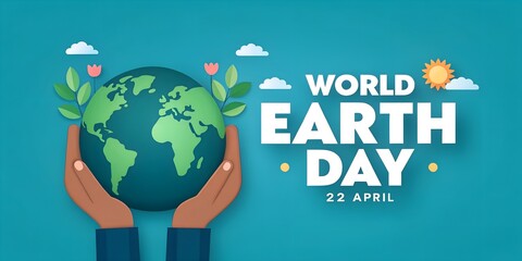 World Earth Day graphic with hands holding a glowing planet, surrounded by sunshine, clouds and greenery, symbolizing ecological protection and sustainability on April 22nd banner and cover