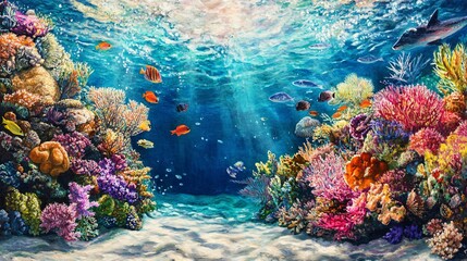 Naklejka premium Colorful coral reefs with vibrant fish and shimmering ocean water