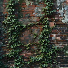 Aged Brick Wall Partially Covered in Lush Ivy Showcasing Nature's Resilience