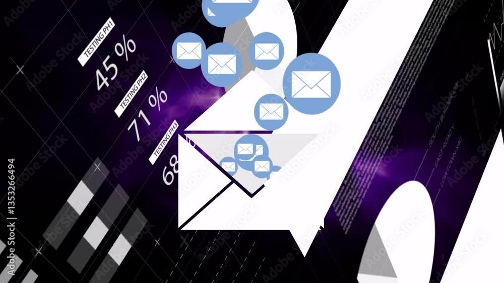 Aufkleber animation of email icons floating over digital world map and data visualization