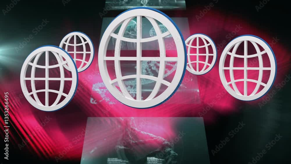 Poster animation of globe icons floating over red and black digital background