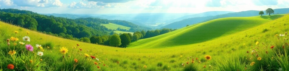 Obraz premium Rolling hills with lush grass and wildflowers, outdoor scenery, green grass