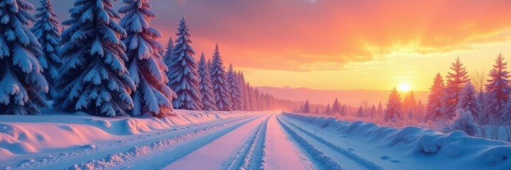 Snow-covered trees stand tall as a road winds its way through the morning light, surrounded by vibrant hues of sunrise,  landscape,  sky