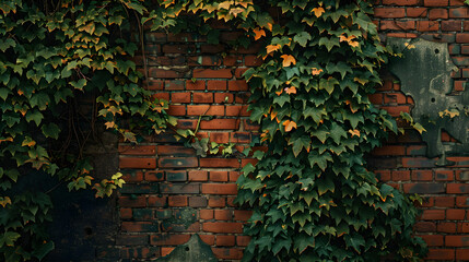 Aged Brick Wall Partially Covered in Lush Ivy Showcasing Nature's Resilience