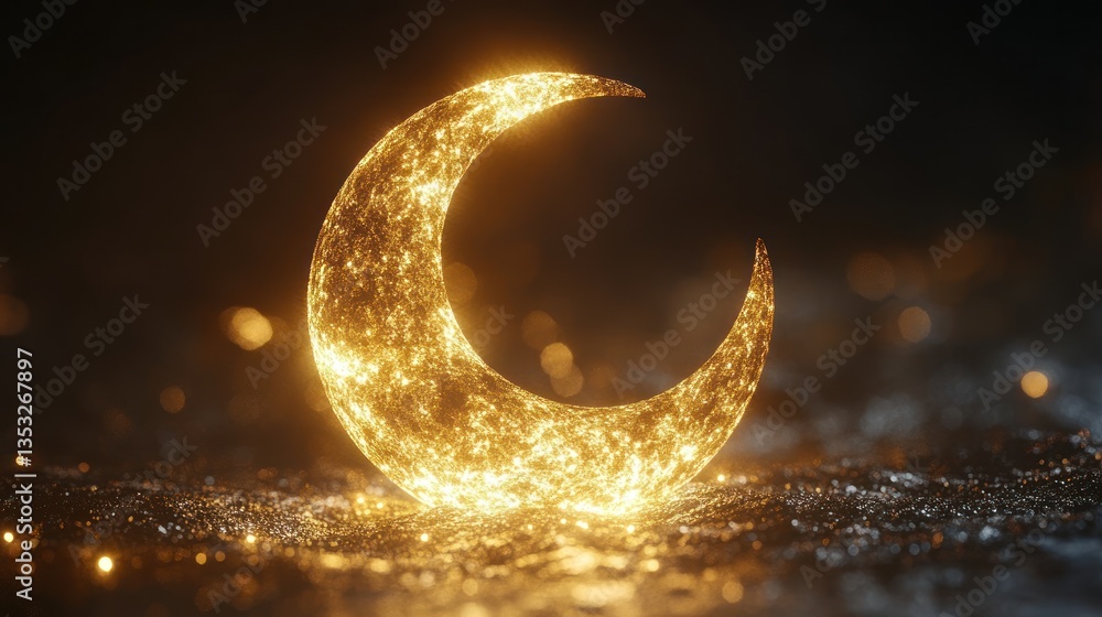 Poster Glowing crescent moon symbol on dark background with sparkles.