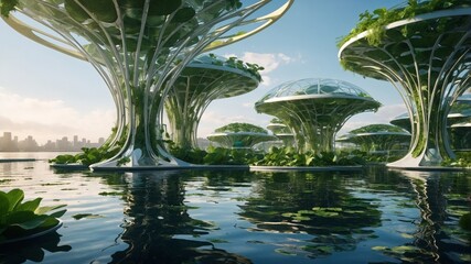 Utopian aquatic habitat showcasing eco-friendly architecture and urban skyline