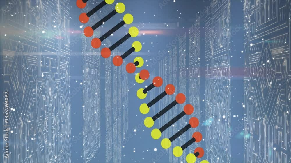Poster dna strand animation over digital circuit background with falling snow effect