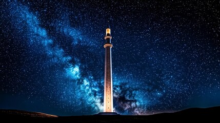 Majestic Minaret Under Milky Way Galaxy  Night Sky  Stars  Architecture