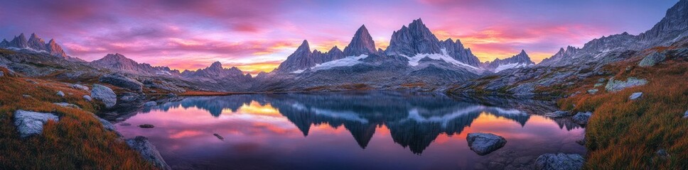 Mountain lake at sunrise reflecting vibrant sky