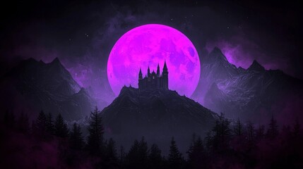 Purple Moonlit Castle  Mountain Night Scene  Fantasy Art