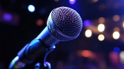 A close-up of an empty microphone on a concert stage with deep blue lighting.