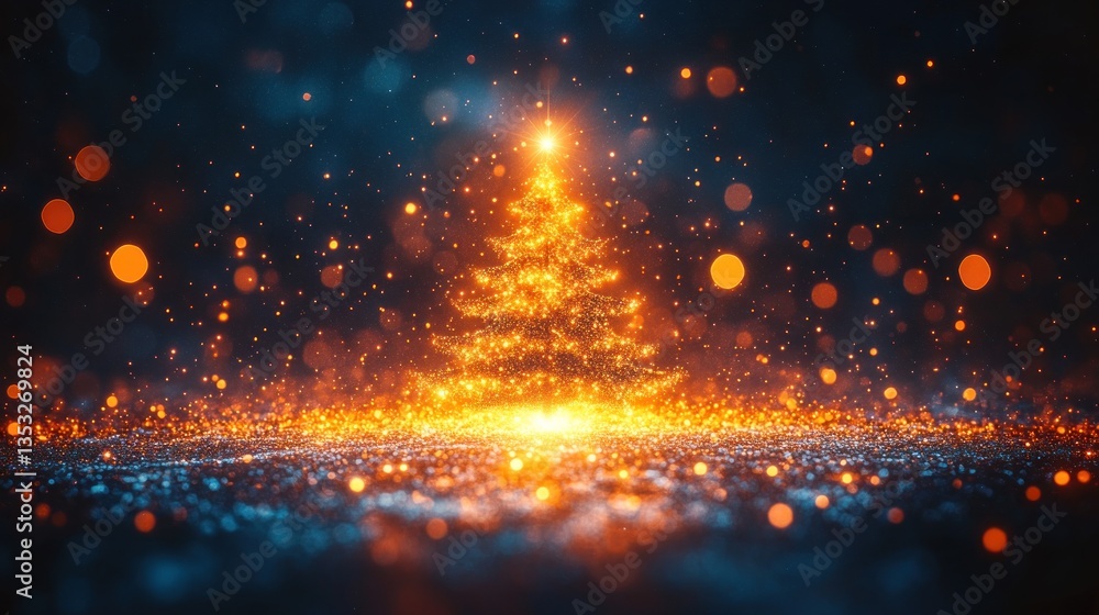 Aufkleber glowing golden christmas tree on dark background with bokeh lights.