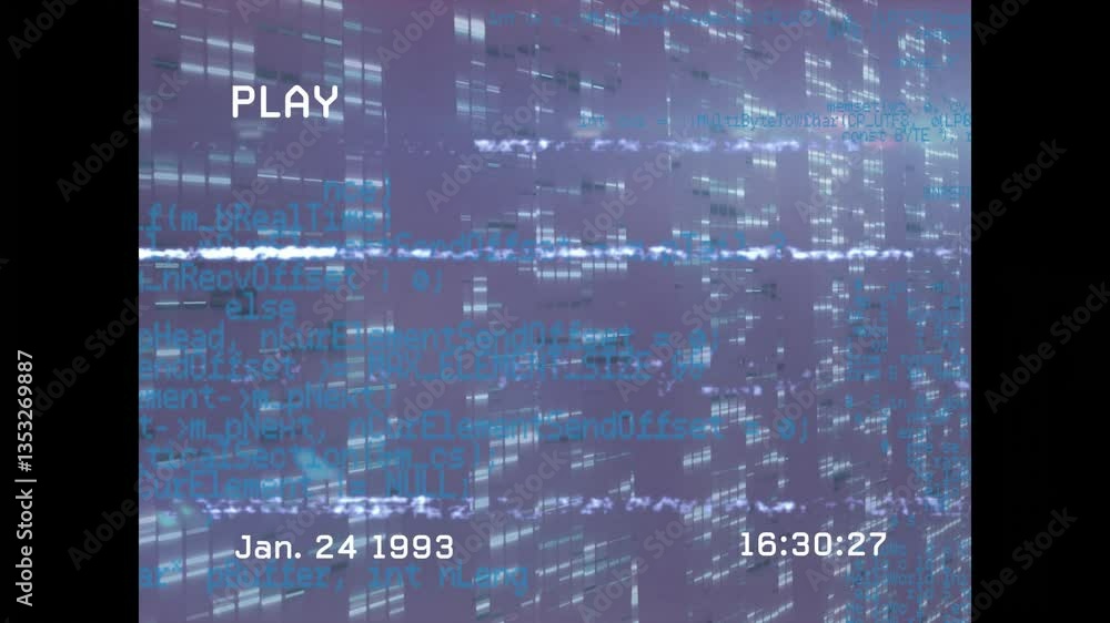 Poster animation of digital code and glitch effects overlaying timestamped video screen