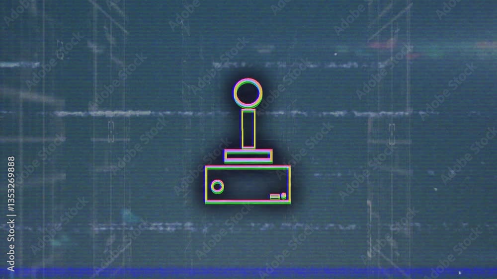 Poster animation of retro joystick icon over digital grid with glitch effects