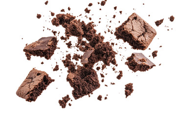 Pile of Cake Crumbs and Chocolate Cookie Pieces Flying in the Air on transparent background