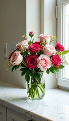 Beautiful floral arrangements on a marble countertop , beauty, arrangement