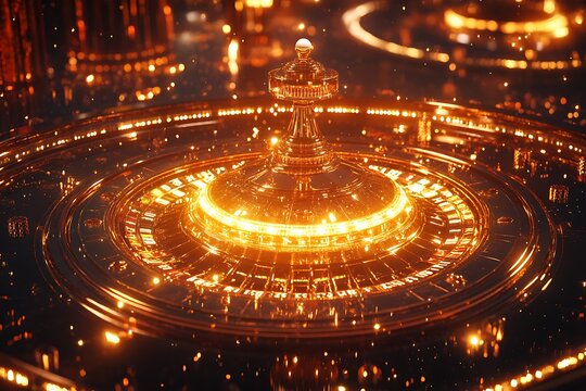 Detailed golden apparatus radiates with bright light and intricate design