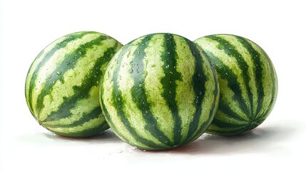 Whole watermelon with green stripes, white background, 