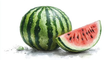 Whole watermelon with green stripes, white background, 