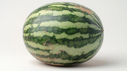 Whole watermelon with green stripes, white background, 