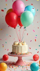 Colorful balloons tied to a birthday cake stand amidst confetti and streamers , confetti, party decorations, balloons