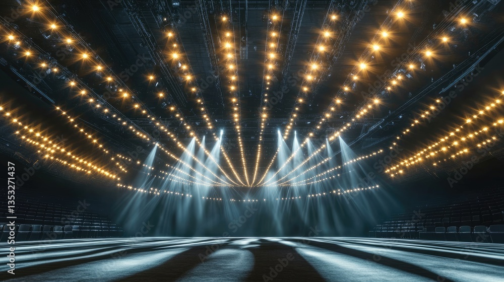 Poster a concert hall with rows of bright spotlights illuminating the empty performance area.
