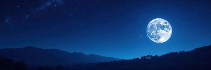 Dark blue night sky filled with countless twinkling stars and a full moon in the foreground, space, galaxy, celestial