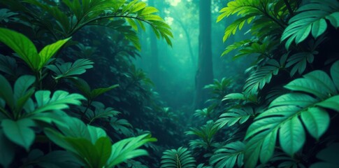 Dense foliage surrounded by vibrant green and blue leaf patterns in a tropical forest setting, botanical design, exotic plants