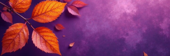 Dry orange metallic leaves on violet background with intricate patterns and veins , purple hue, orange metal, nature pattern