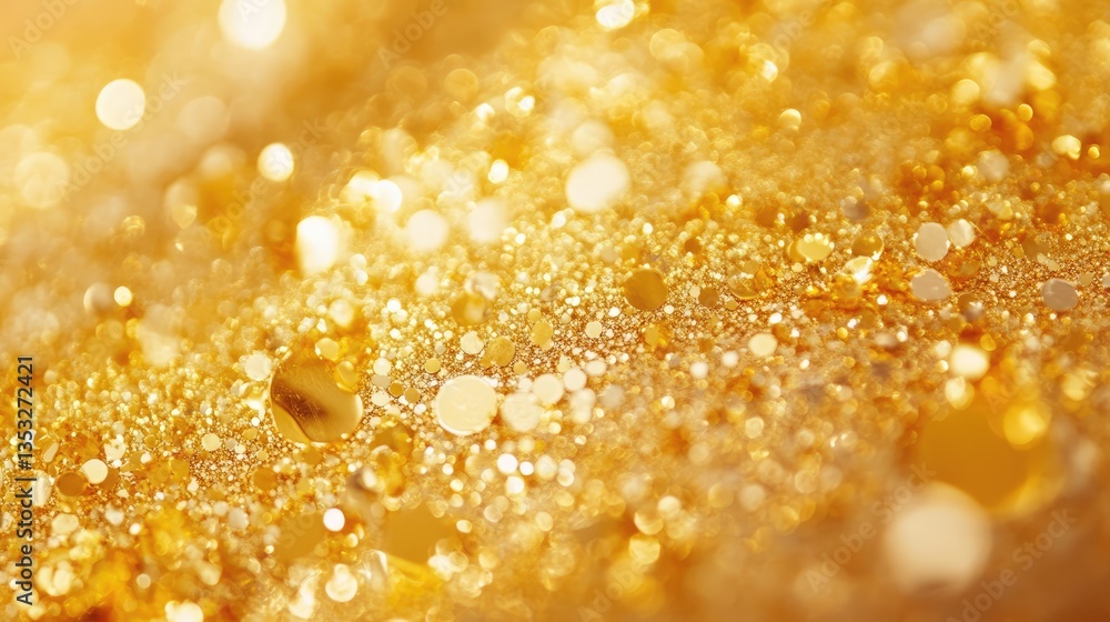 Poster close-up of shimmering golden particles creating a textured background, ideal for artistic and desig