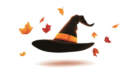 A digital illustration depicting a black witch's hat with an orange band, floating against a white background.  Several red and orange autumn leaves are scattered around the hat, suggesting a sense
