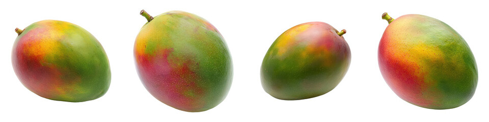 Four ripe mangoes in a row, showing varied colors and brown stems, indicating their freshness and readiness to eat