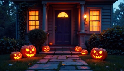 Flickering jack-o-lanterns illuminate a spooky mansion door, dark evening, spiders, gravestones