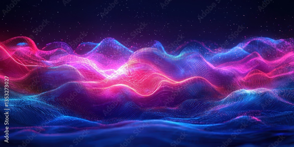 Poster a sci-fi landscape with rolling waves of pulsating neon light