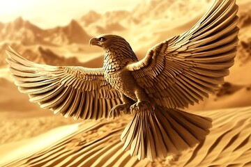 A golden eagle sculpture soaring gracefully over desert sand dunes