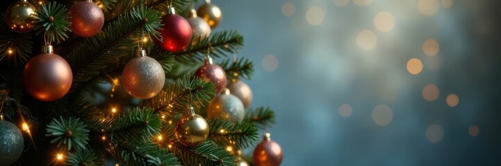 Luxurious Christmas tree adorned with shiny metallic ornaments and soft white fairy lights against a subtle background haze, sparkling, blurred