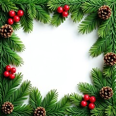 Lush fir branch arrangement with pine cones and holly-like foliage, evergreen garlands, rustic charm